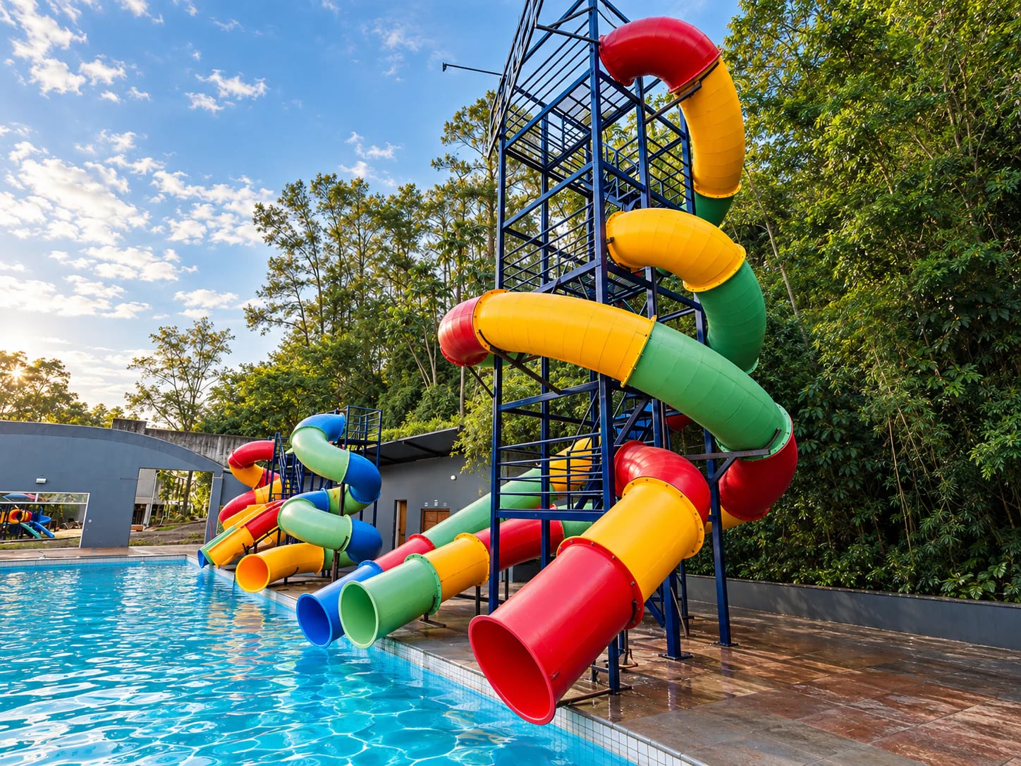 Toboganes acuáticos junto a la piscina de Complejo Ysyry