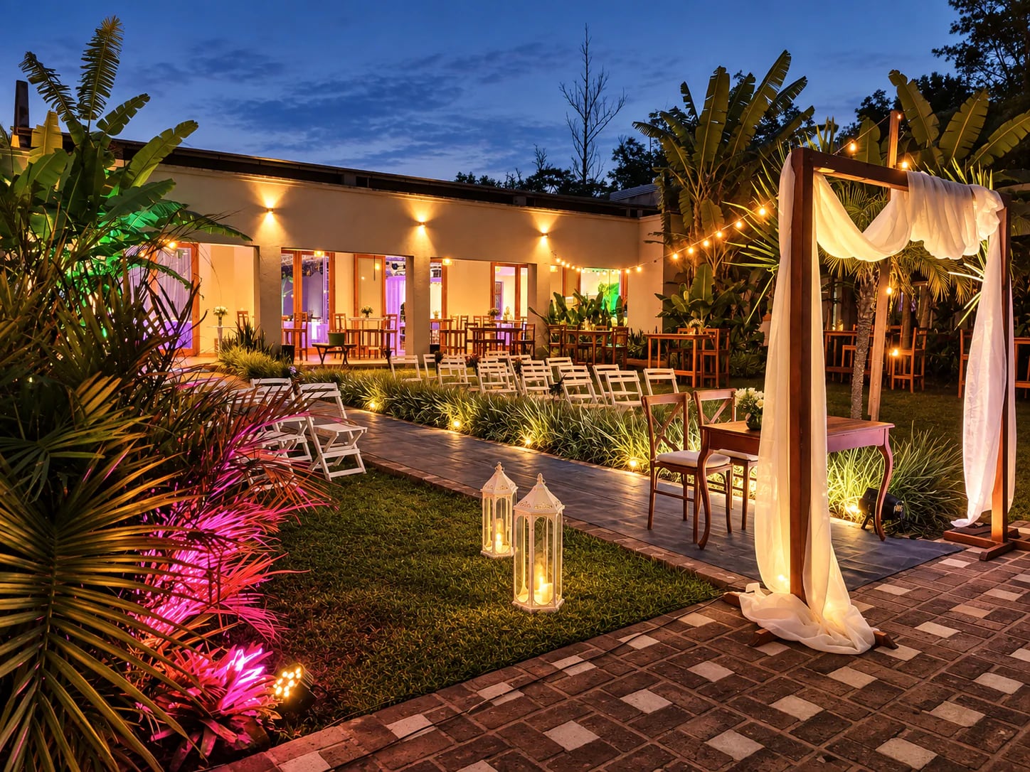 Exterior del salón iluminado durante un evento en Complejo Ysyry